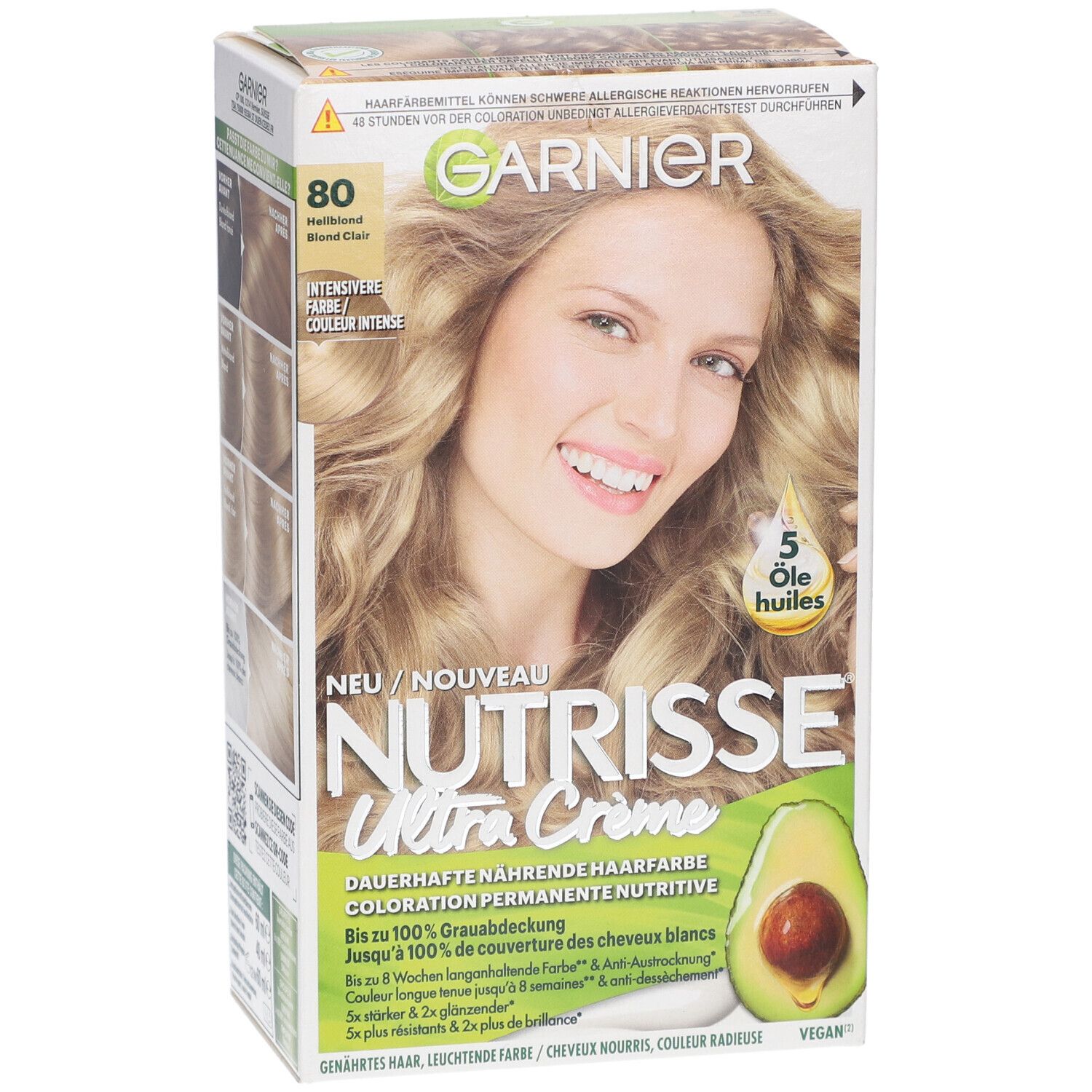 Garnier Nutrisse Ultra Crème, Farbton 80 Hellblond. Frau mit blonden Haaren. Avocado-Abbildung.