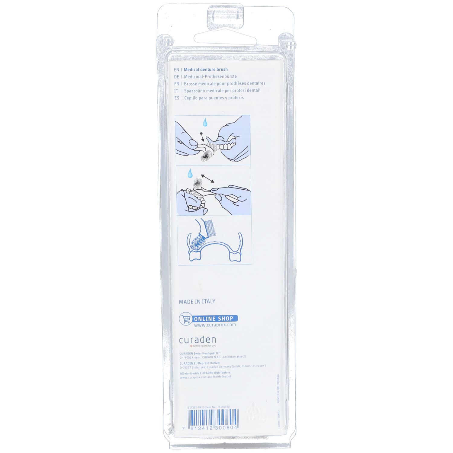 Rückseite der Blisterverpackung mit Anwendungsbeispielen und Markenlogo CURADEN.
