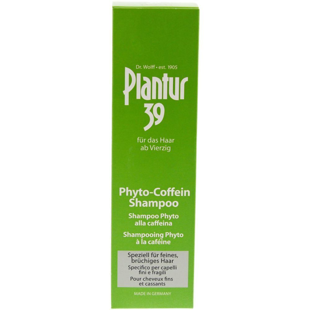 Grüne Schachtel mit Plantur 39 Phyto-Coffein Shampoo. Text: Für das Haar ab Vierzig, Shampoo für feines, brüchiges Haar.
