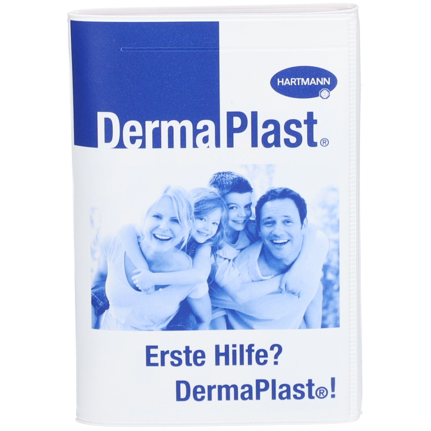 Verpackung mit HARTMANN Dermaplast®. Blauer Schriftzug und Logo. Familienfoto. Erste Hilfe?