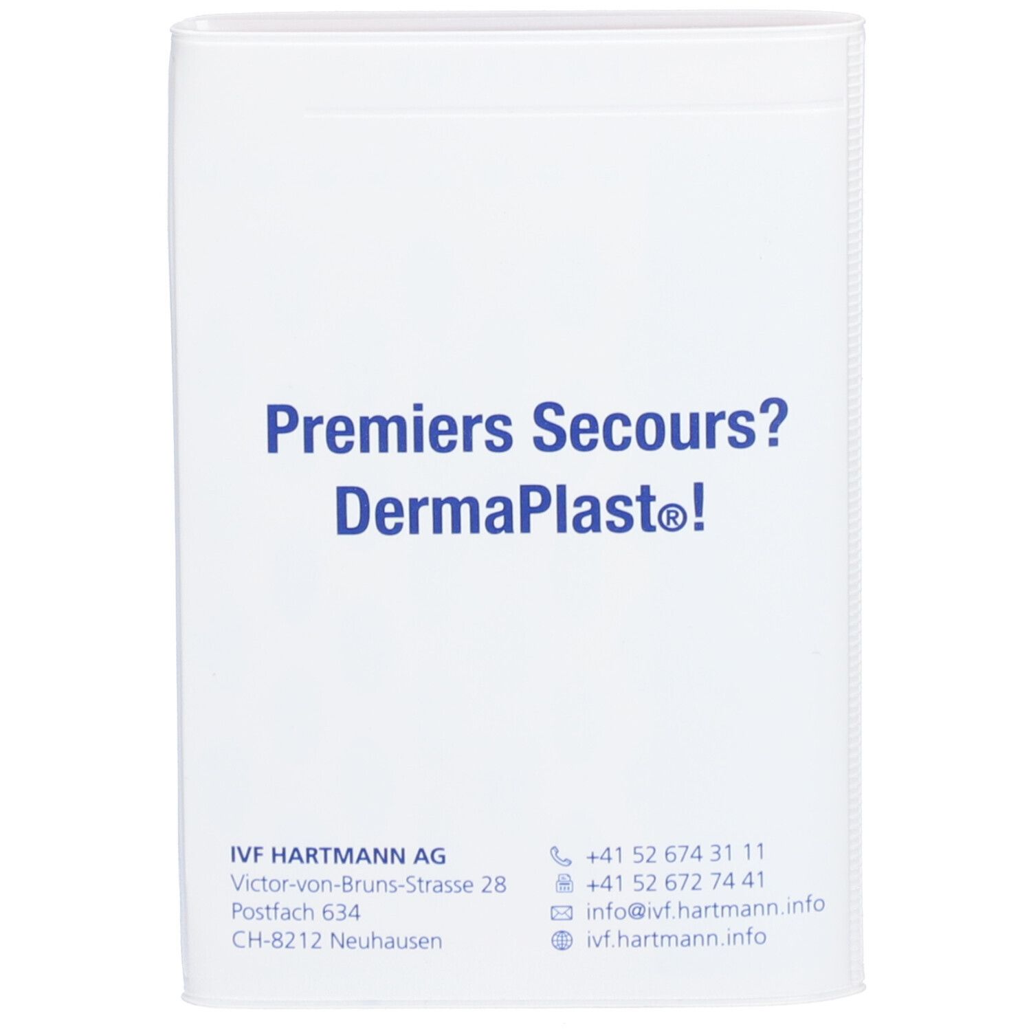 Rückseite der Verpackung. Blauer Schriftzug: Premiers Secours? Dermaplast®. Kontaktinformationen: IVF HARTMANN AG.