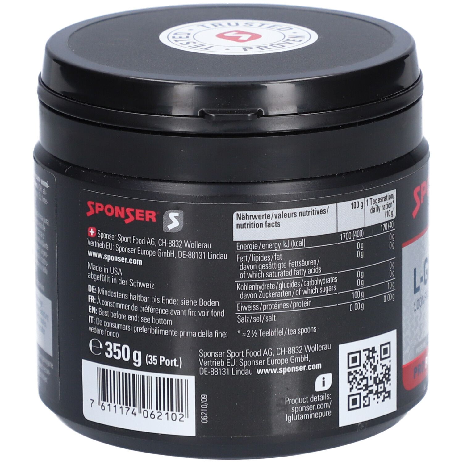 Boîte noire, dos avec informations nutritionnelles et fabricant. 350 g, 35 portions.