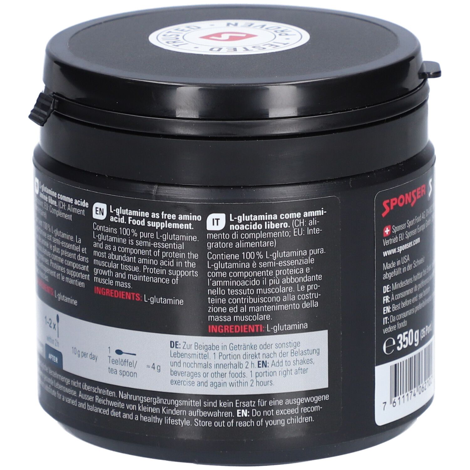 Boîte noire, dos avec texte en allemand, anglais et italien. Ingrédients: L-Glutamine. 350 g.