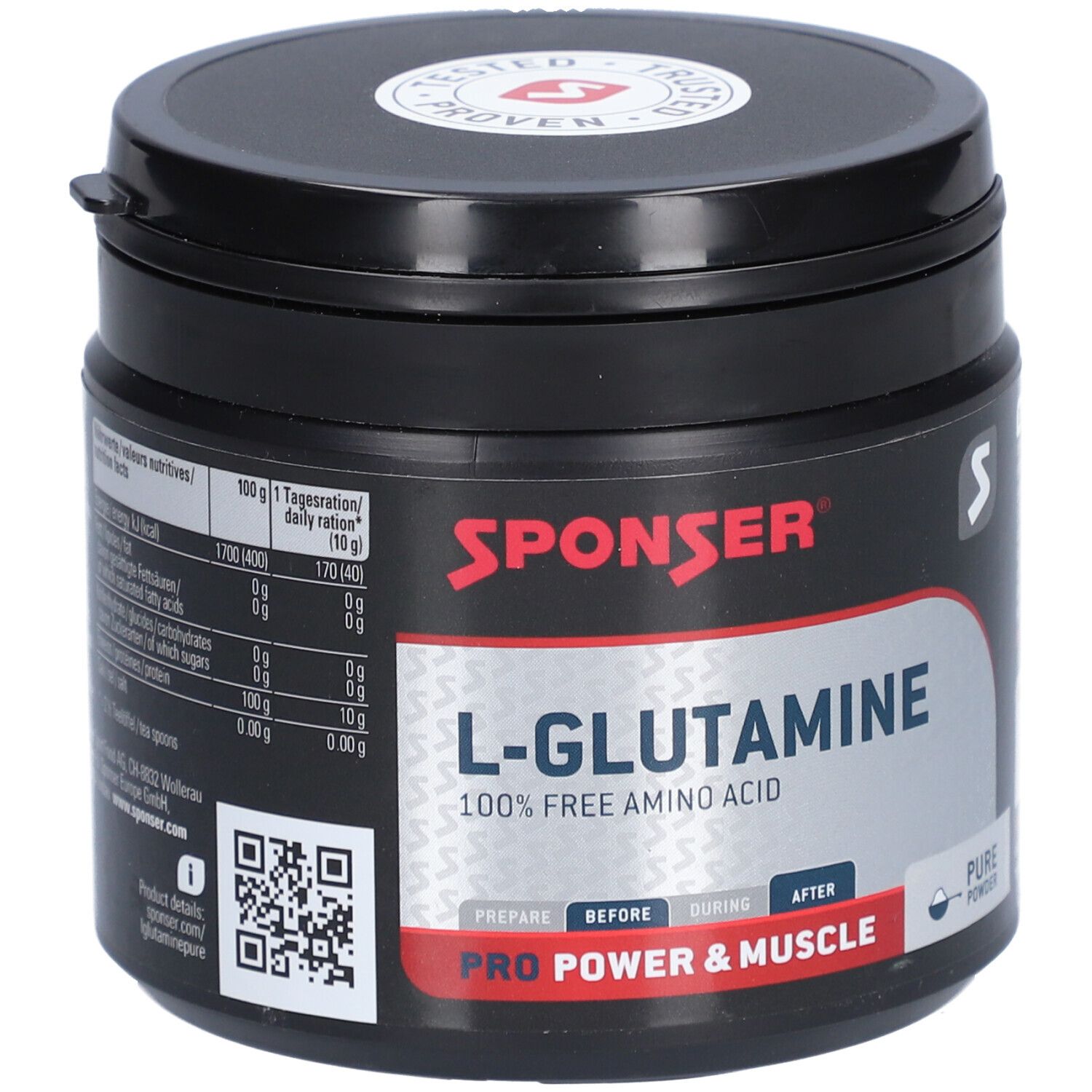 Boîte noire avec texte rouge SPONSER, L-Glutamine, 100% Free Amino Acid. Couvercle avec logo.