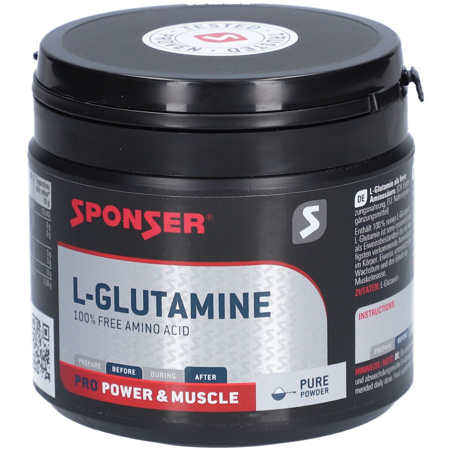 Boîte noire avec texte rouge SPONSER, L-Glutamine, 100% Free Amino Acid. Couvercle avec logo.