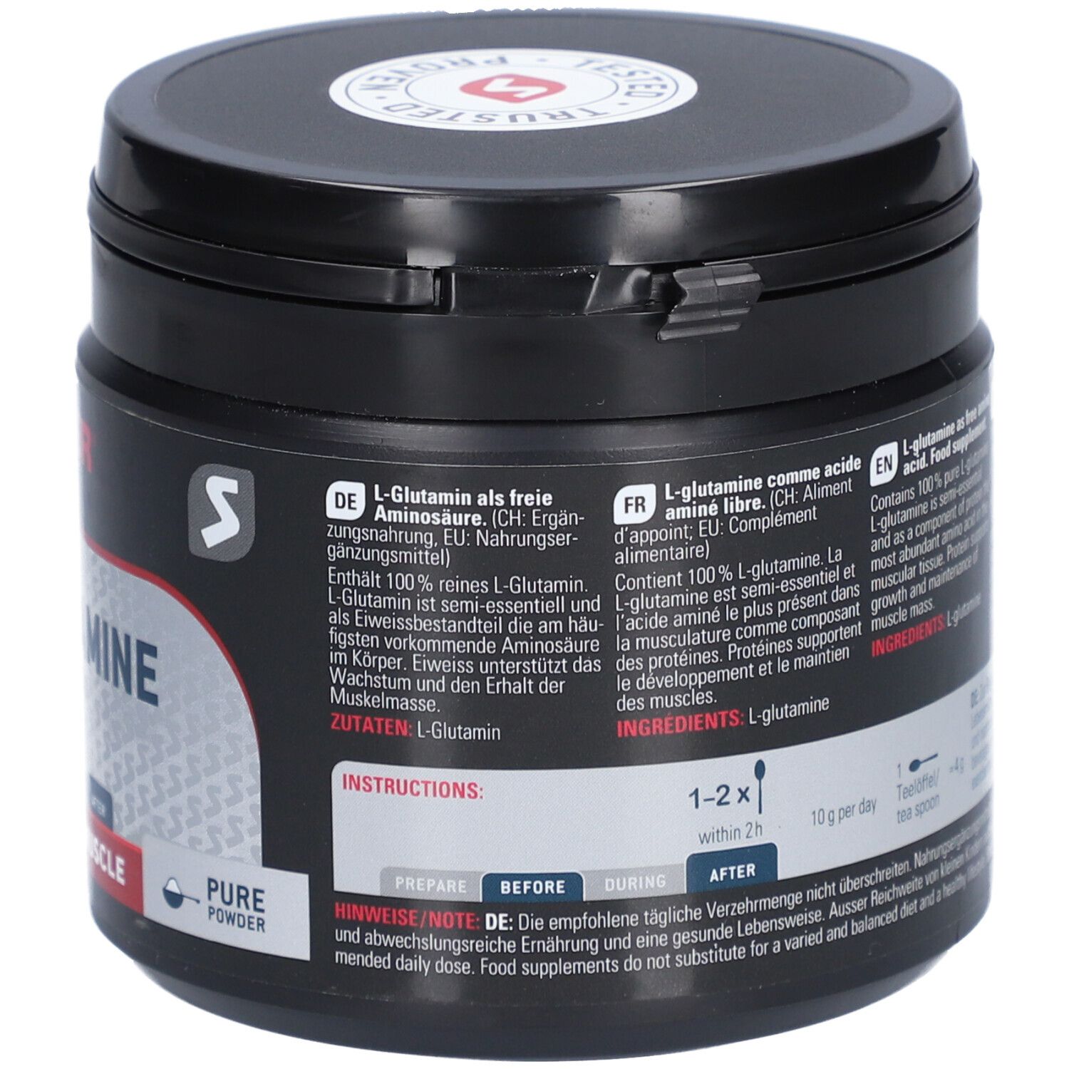 Boîte noire, dos avec texte en allemand, anglais et français. Ingrédients: L-Glutamine. 350 g.