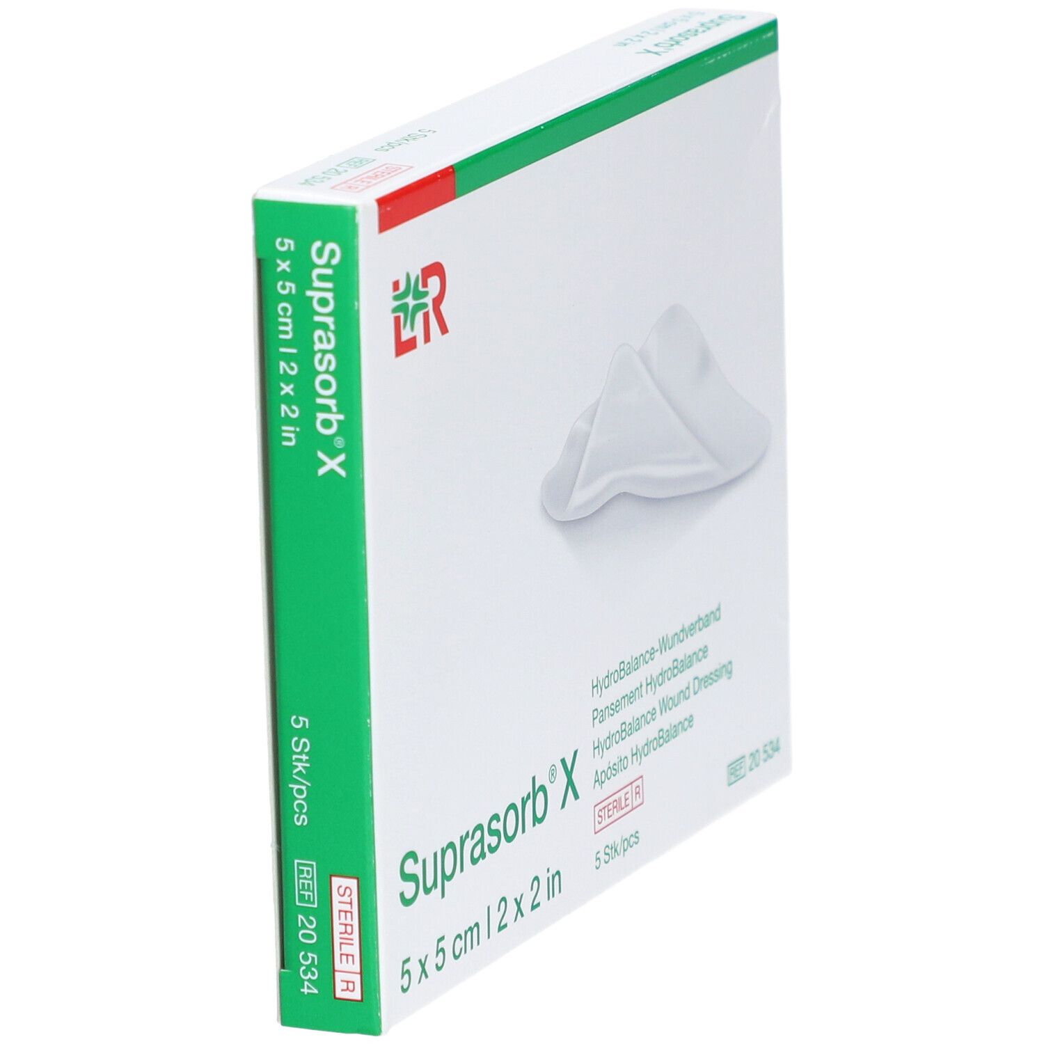 Boîte de Suprasorb® X, 5 x 5 cm. Pansement HydroBalance. 5 pièces. Stérile. Vue latérale.