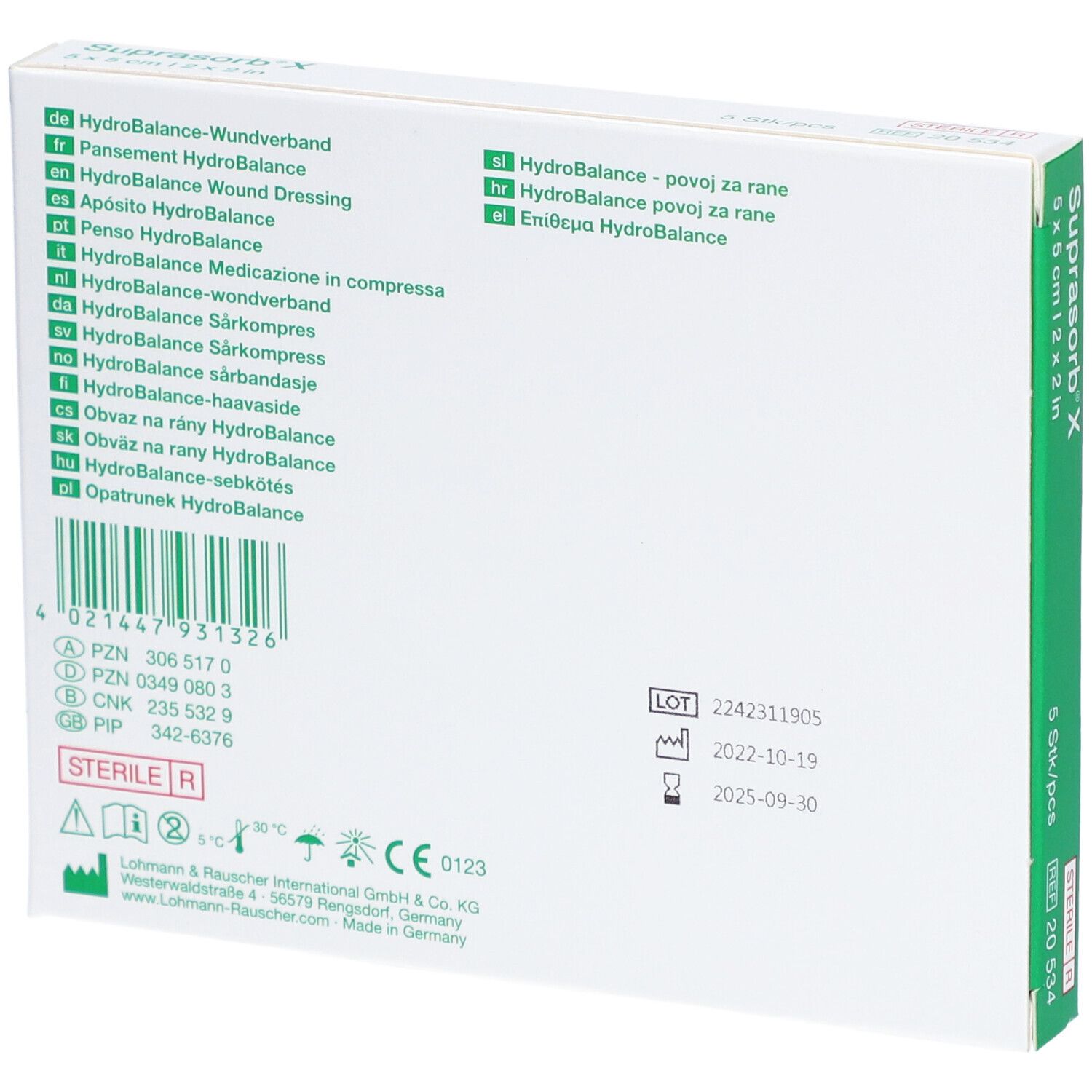 Dos de la boîte Suprasorb® X. Informations multilingues. Stérile. Marquage CE.