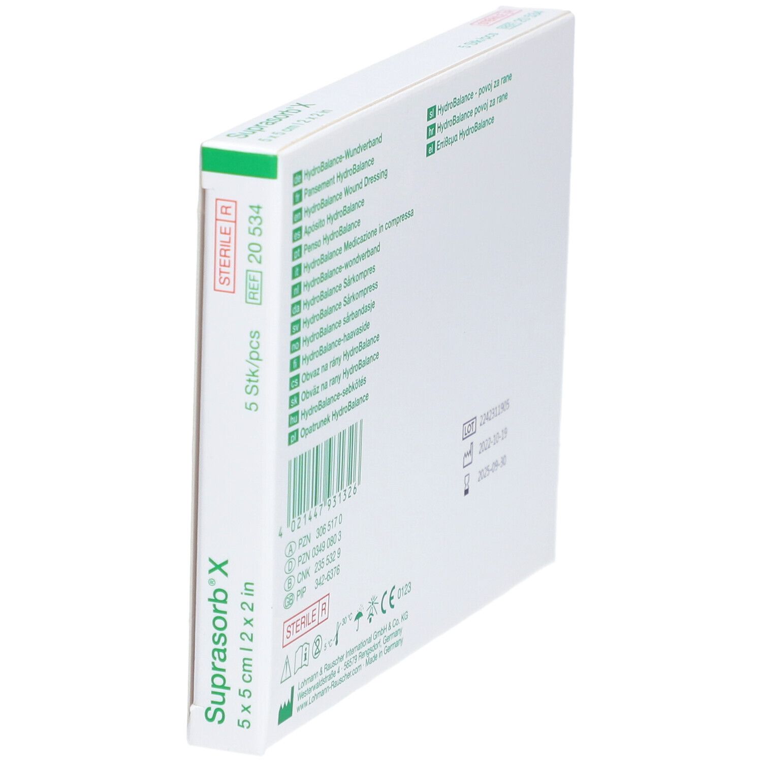 Vue latérale de la boîte Suprasorb® X. 5 x 5 cm. Pansement HydroBalance. 5 pièces. Stérile.