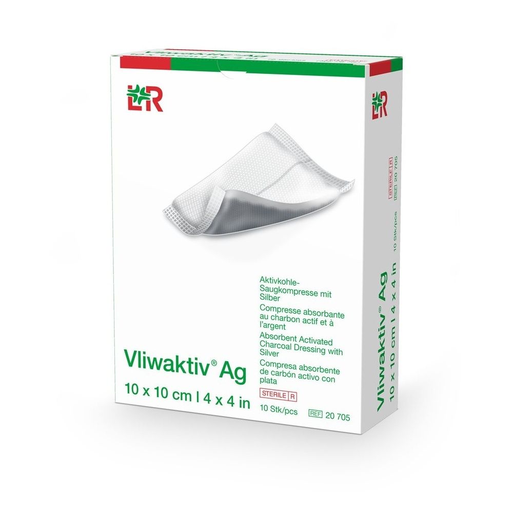 Verpackung mit Kompressen. Aufdruck: Vliwaktiv Ag, 10 x 10 cm. Produktabbildung: Kompresse mit Aktivkohle und Silber.
