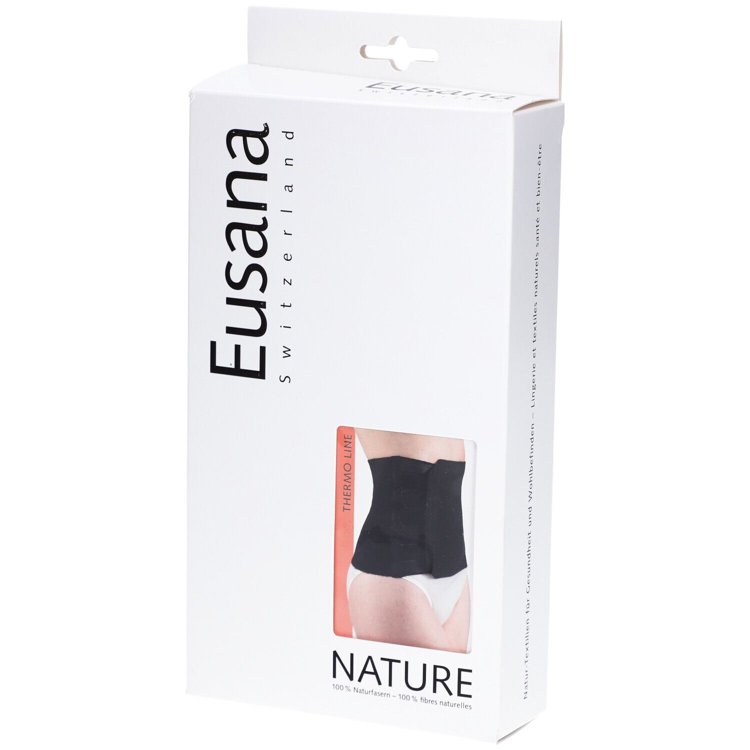 Weiße Verpackung mit Produktabbildung. Schwarzer Nierenwärmer mit Klettverschluss. Marke: Eusana Switzerland. Text: NATURE.