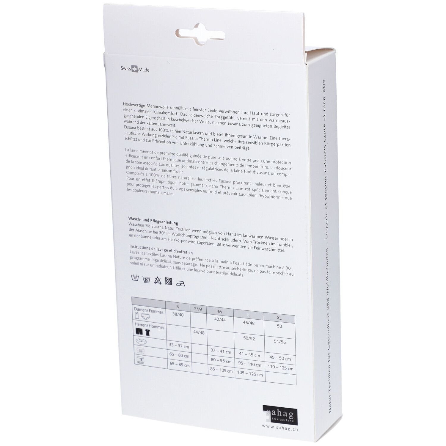 Rückseite der Verpackung. Text in Deutsch, Französisch, Italienisch. Größenangaben für Nierenwärmer. Wasch- und Pflegehinweise.