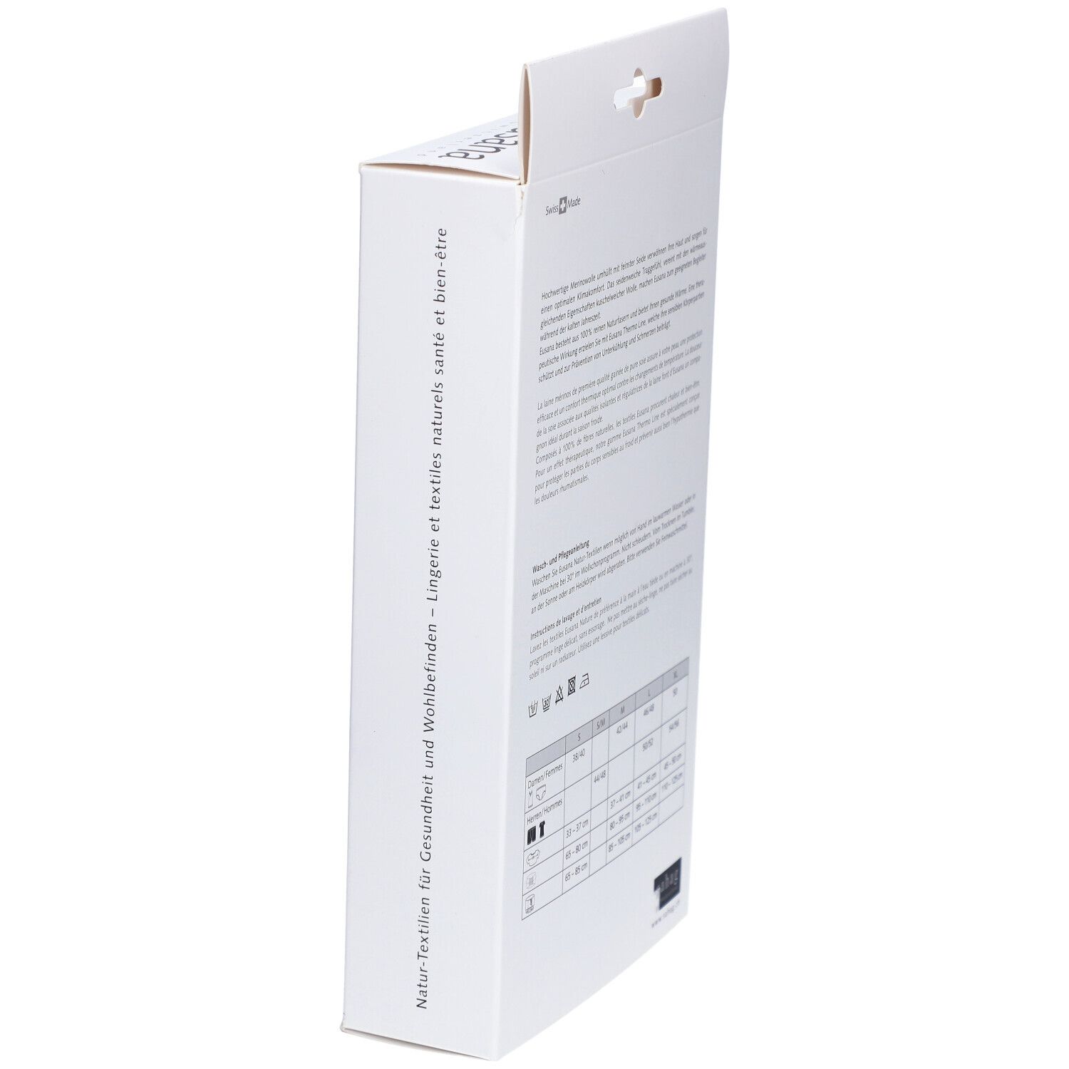 Schräg stehende Verpackung. Text in Deutsch, Französisch, Italienisch. Größenangaben für Nierenwärmer. Wasch- und Pflegehinweise.