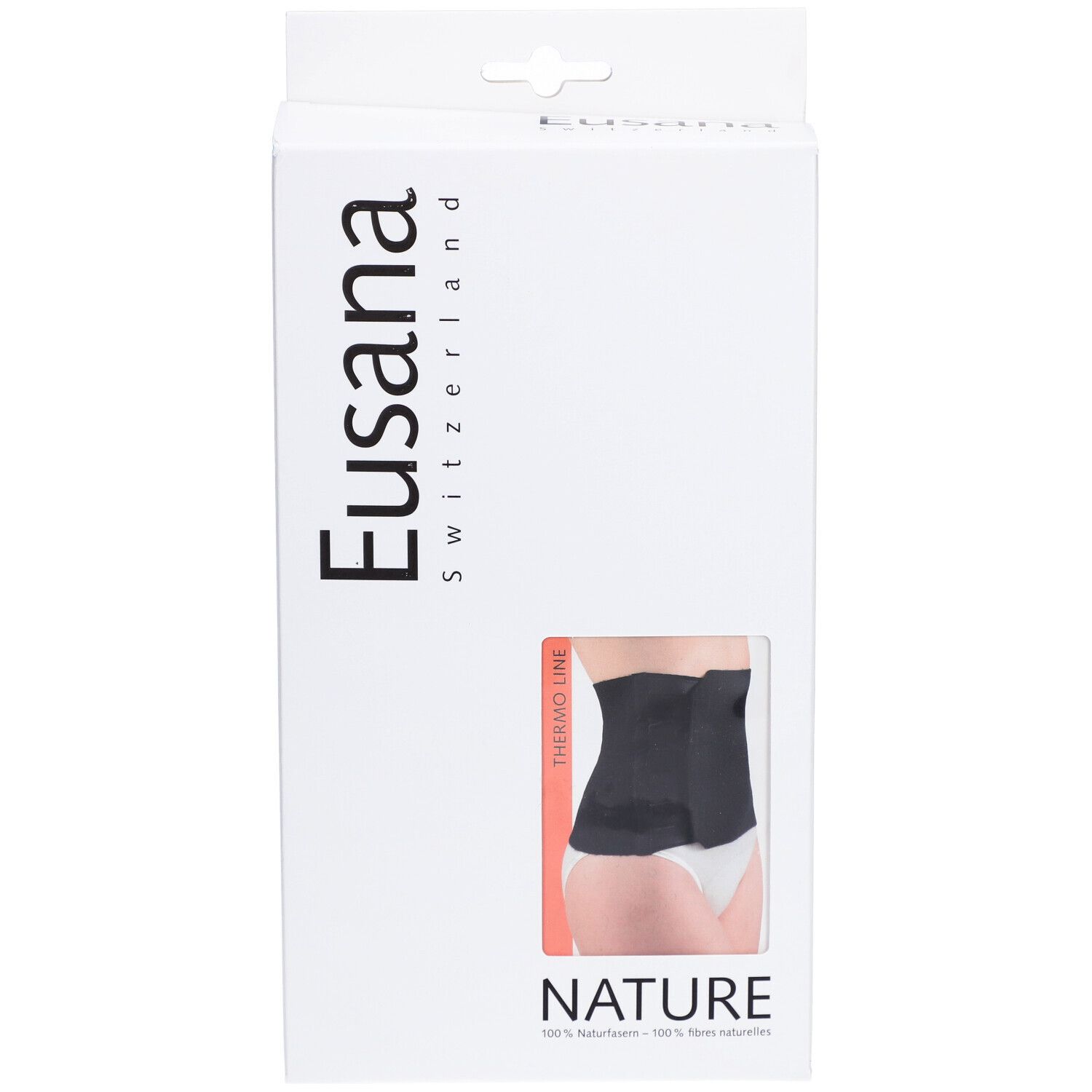 Weiße Verpackung mit Produktabbildung. Schwarzer Nierenwärmer mit Klettverschluss. Marke: Eusana Switzerland. Text: NATURE.