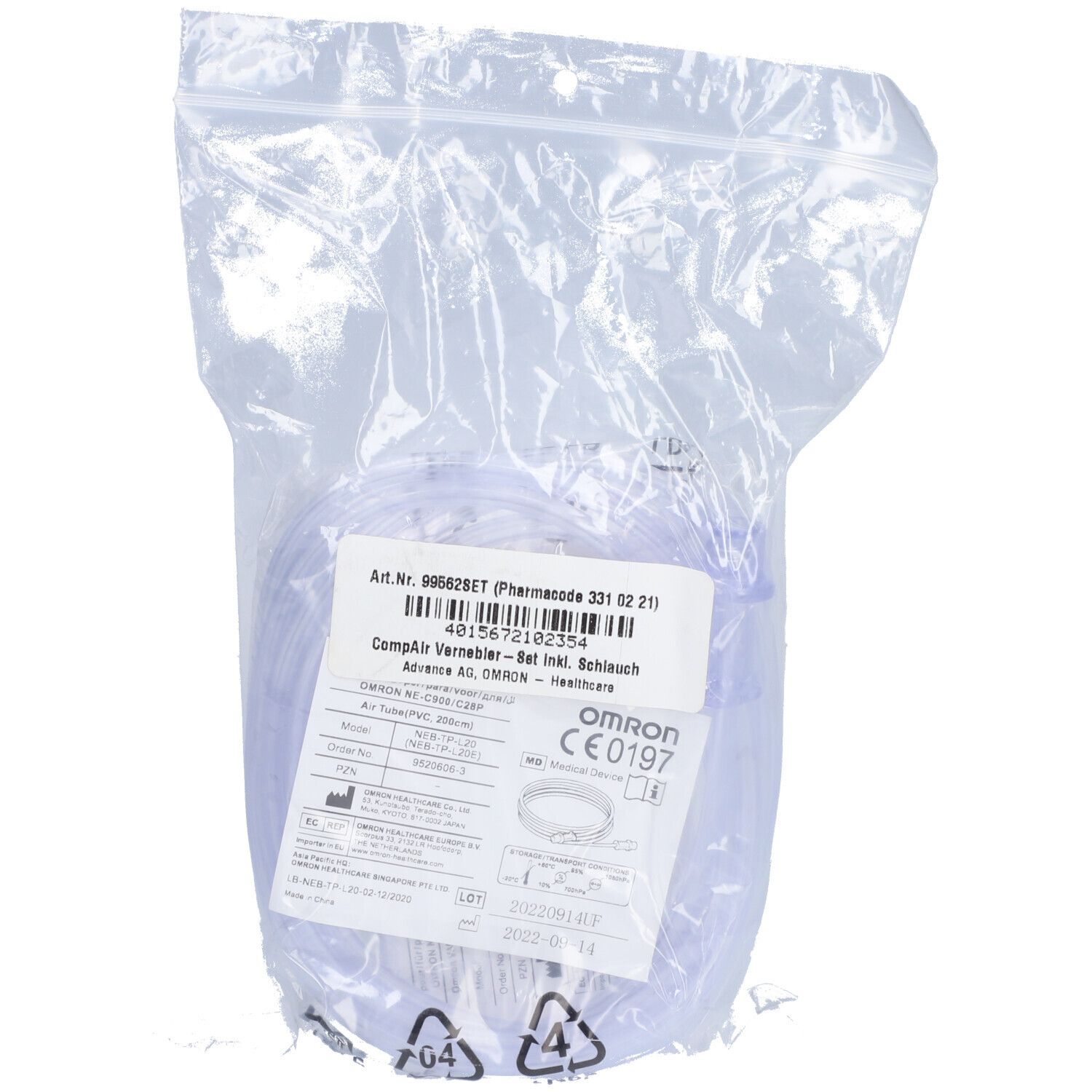 Vernebler-Set in transparenter Plastikverpackung. Enthält Schlauch und Zubehör. Aufkleber mit Produktinformationen und CE-Kennzeichnung.