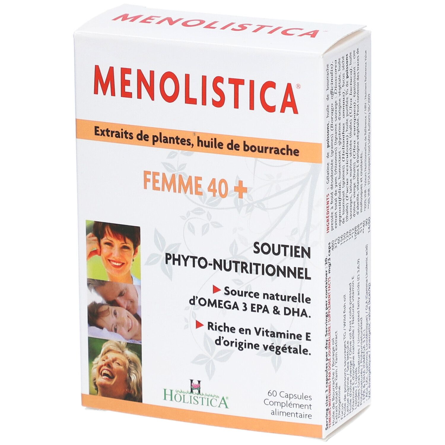 Boîte blanche "MENOLISTICA". Texte: "FEMME 40+", "Soutien Phyto-nutritionnel". 60 capsules. Logo HOLISTICA.