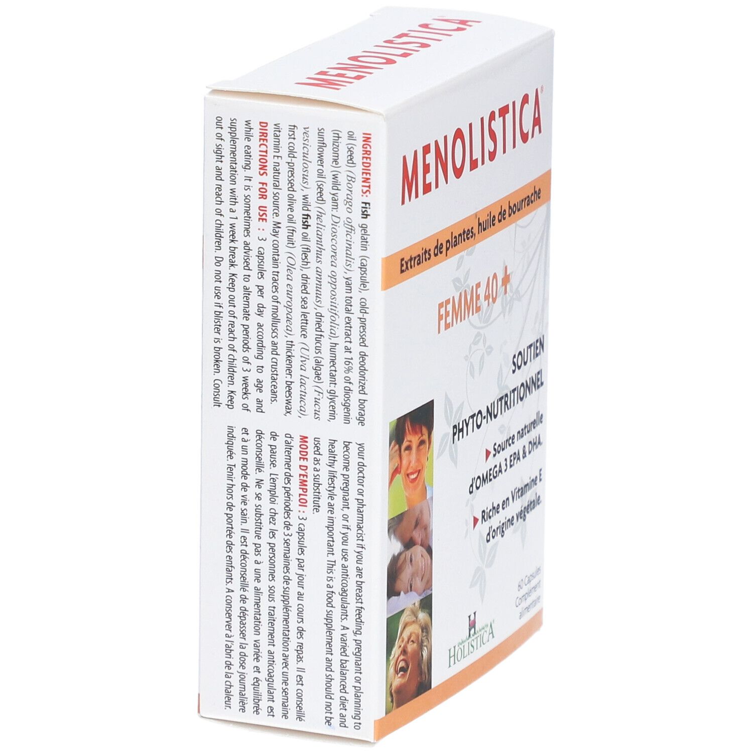 Boîte blanche "MENOLISTICA". Texte: "FEMME 40+", "Soutien Phyto-nutritionnel". 60 capsules. Logo HOLISTICA. Vue latérale avec texte.