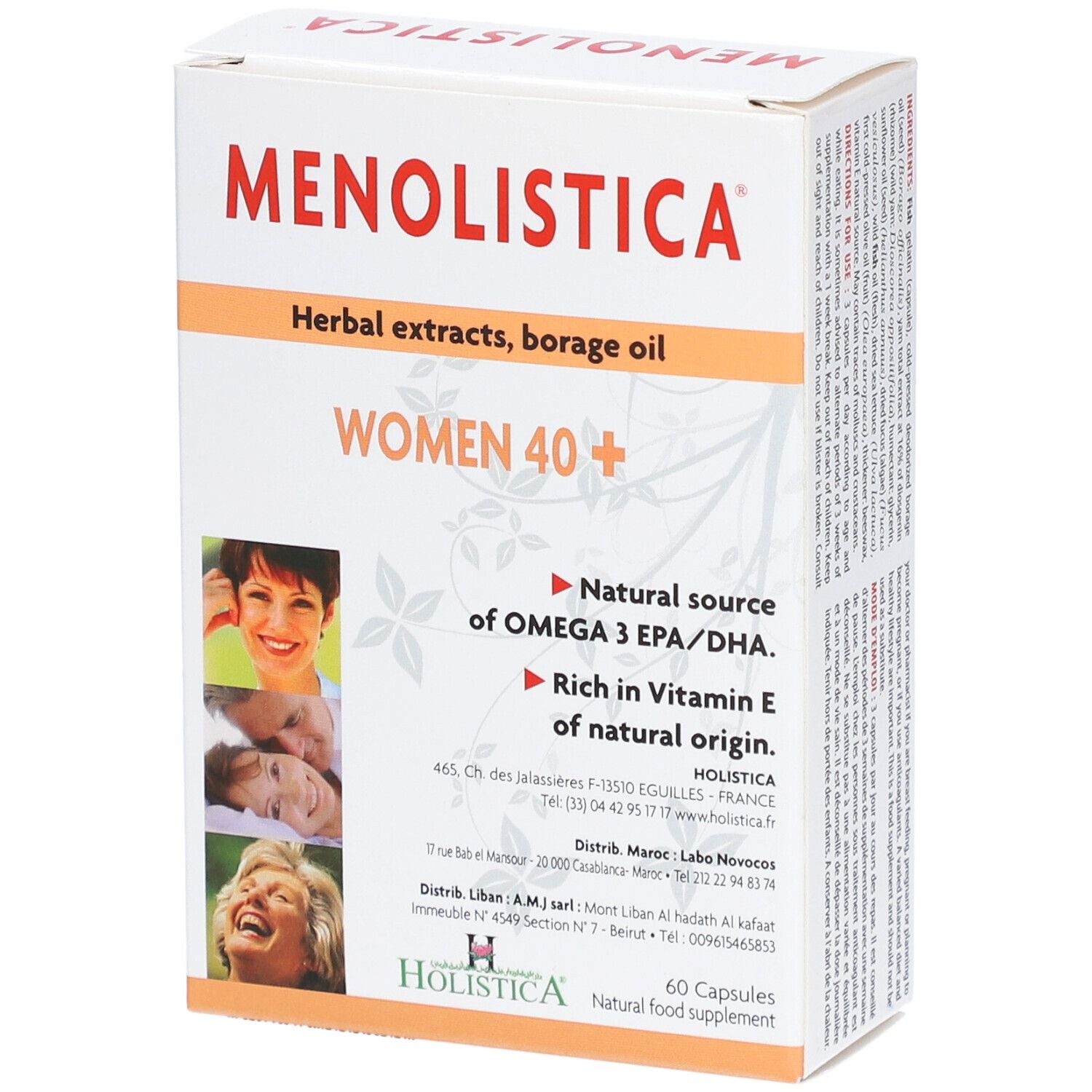 Boîte blanche, logo "MENOLISTICA". Texte: "WOMEN 40+", "Natural source of OMEGA 3 EPA/DHA". 60 capsules. Logo HOLISTICA.