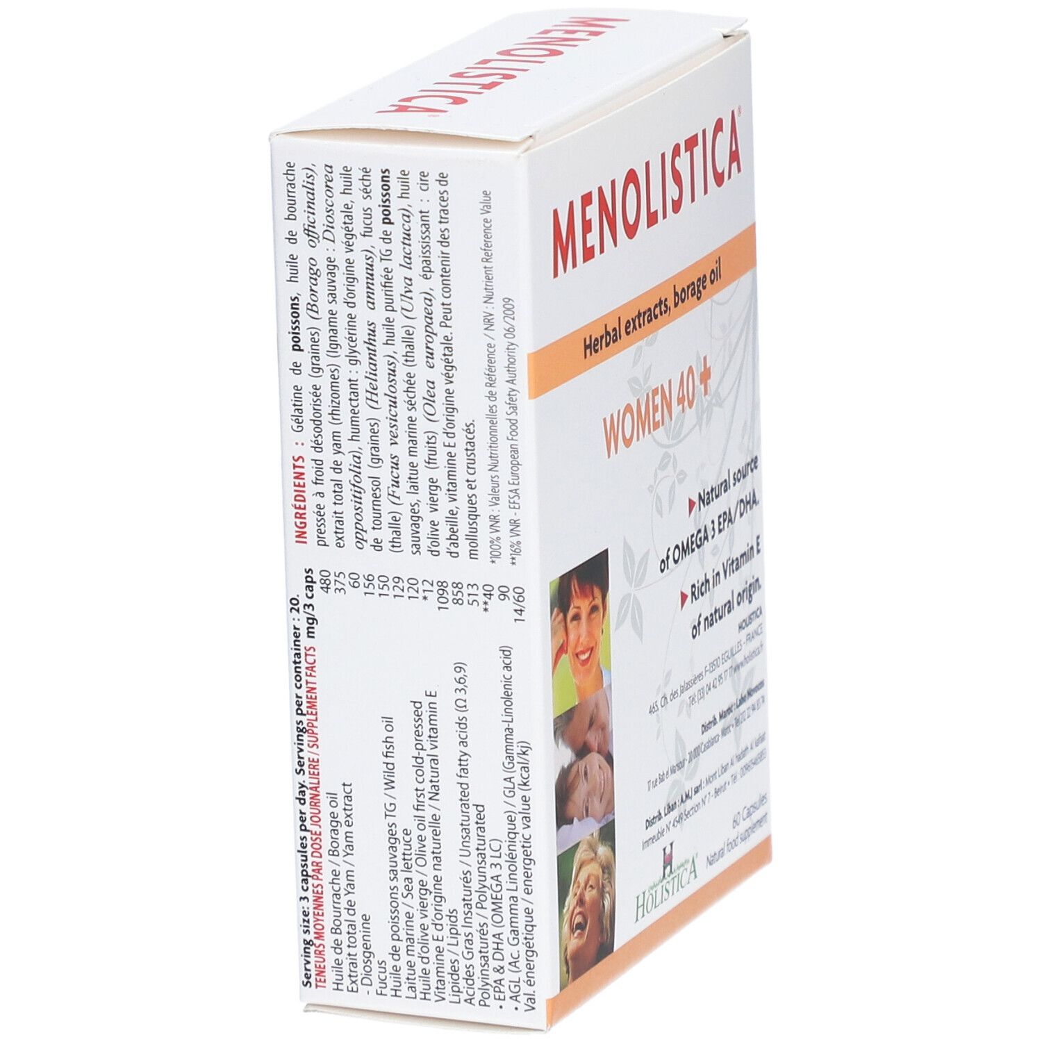 Boîte blanche, logo "MENOLISTICA". Texte: "WOMEN 40+", ingrédients. 60 capsules. Logo HOLISTICA. Vue latérale avec texte.