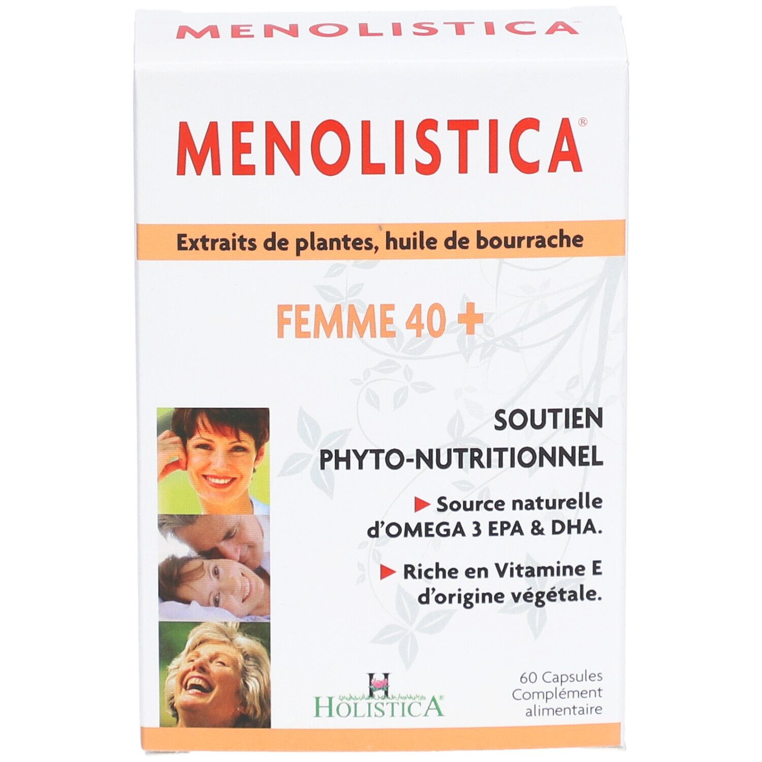 Boîte blanche, logo "MENOLISTICA". Texte: "FEMME 40+", "Soutien Phyto-nutritionnel". 60 capsules. Logo HOLISTICA.