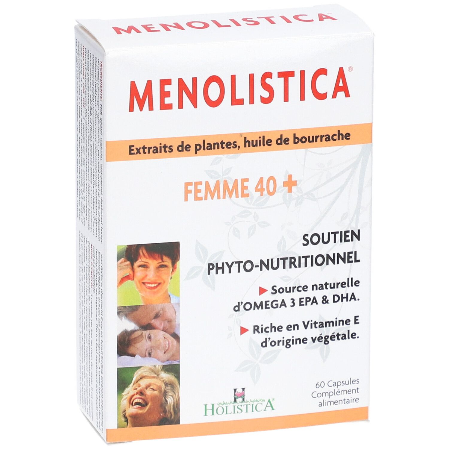 Boîte blanche, logo "MENOLISTICA". Texte: "FEMME 40+", "Soutien Phyto-nutritionnel". 60 capsules. Logo HOLISTICA.