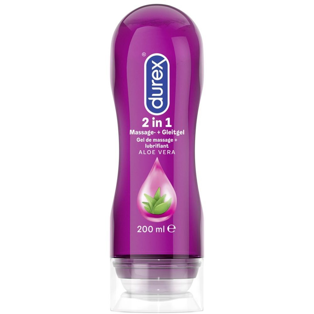 Violette Flasche mit weißem Deckel. Aufschrift: durex, 2 in 1 Massage- und Gleitgel, Aloe Vera. Volumen: 200 ml.