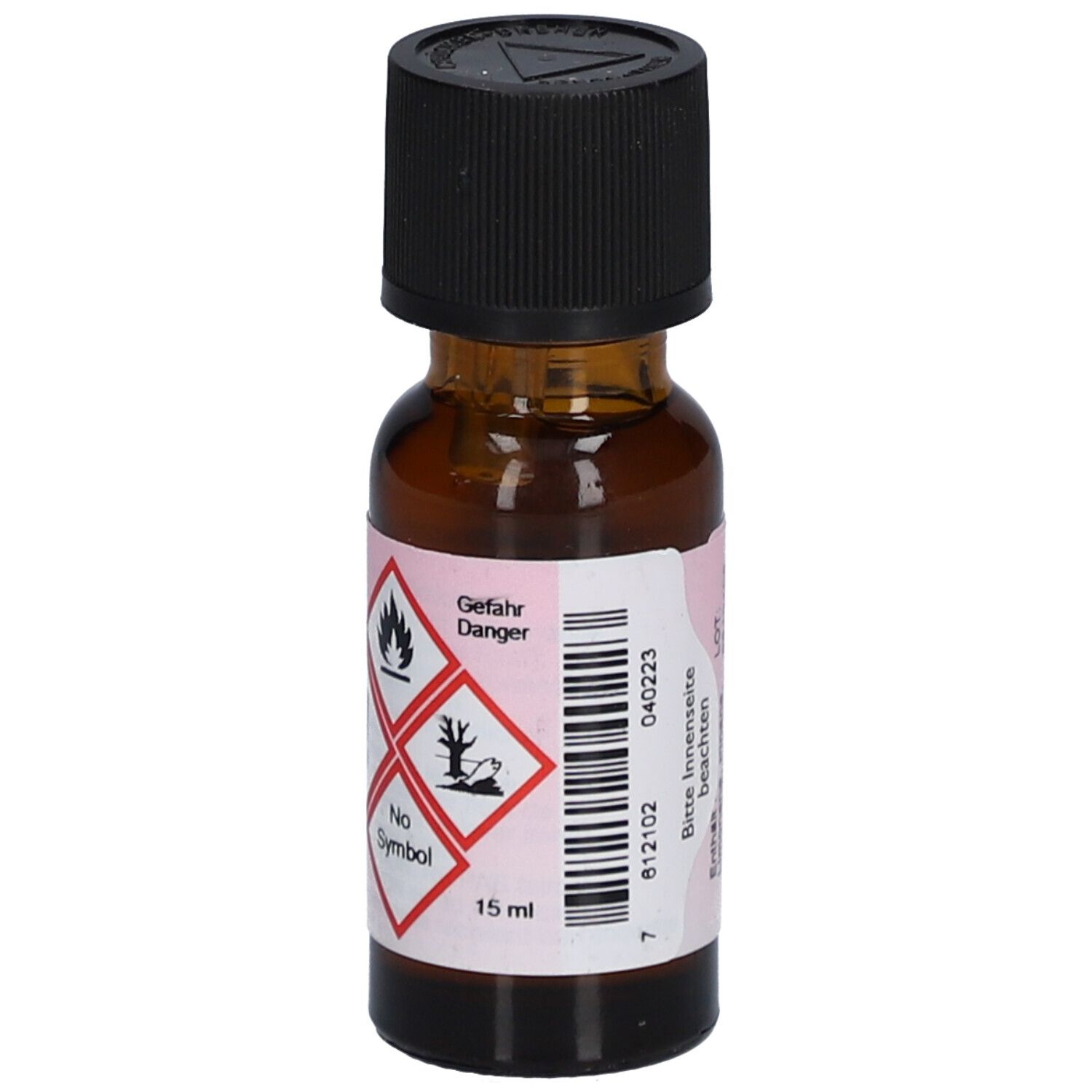 Flacon en verre brun avec bouchon noir. Étiquette avec symboles de danger et volume: 15 ml.