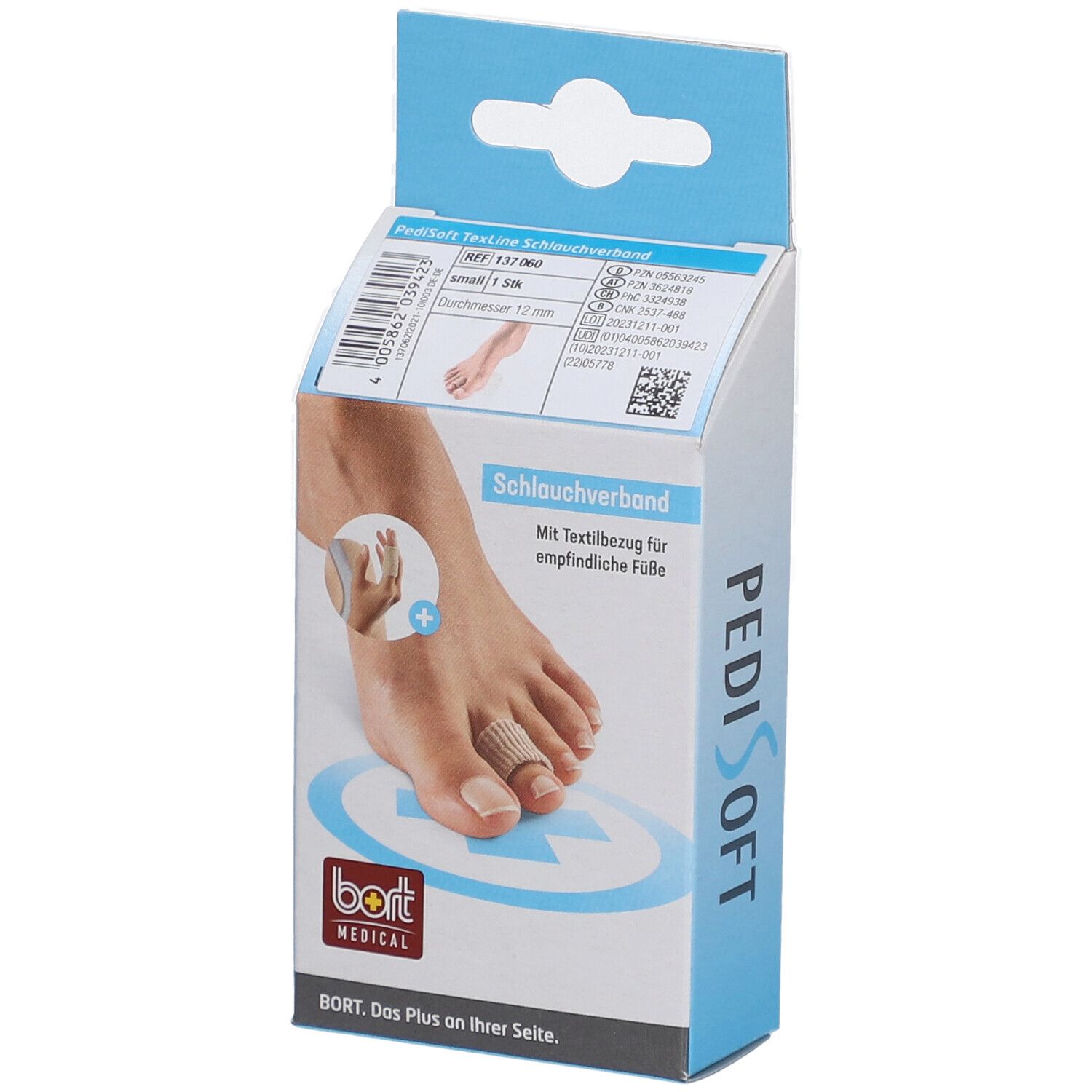Emballage de BORT PediSoft TexLine. Montre un pied avec un bandage. Logo: bort MEDICAL.