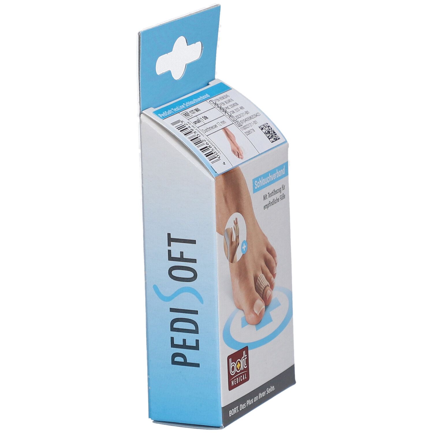 Vue latérale de l'emballage BORT PediSoft TexLine. Logo et nom du produit visibles.