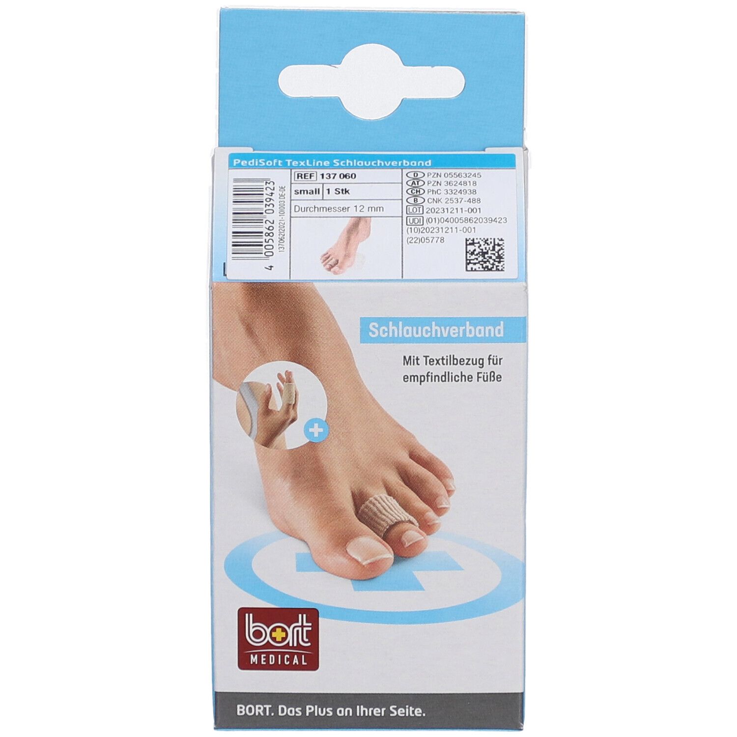 Emballage de BORT PediSoft TexLine. Montre un pied avec un bandage. Logo: bort MEDICAL.