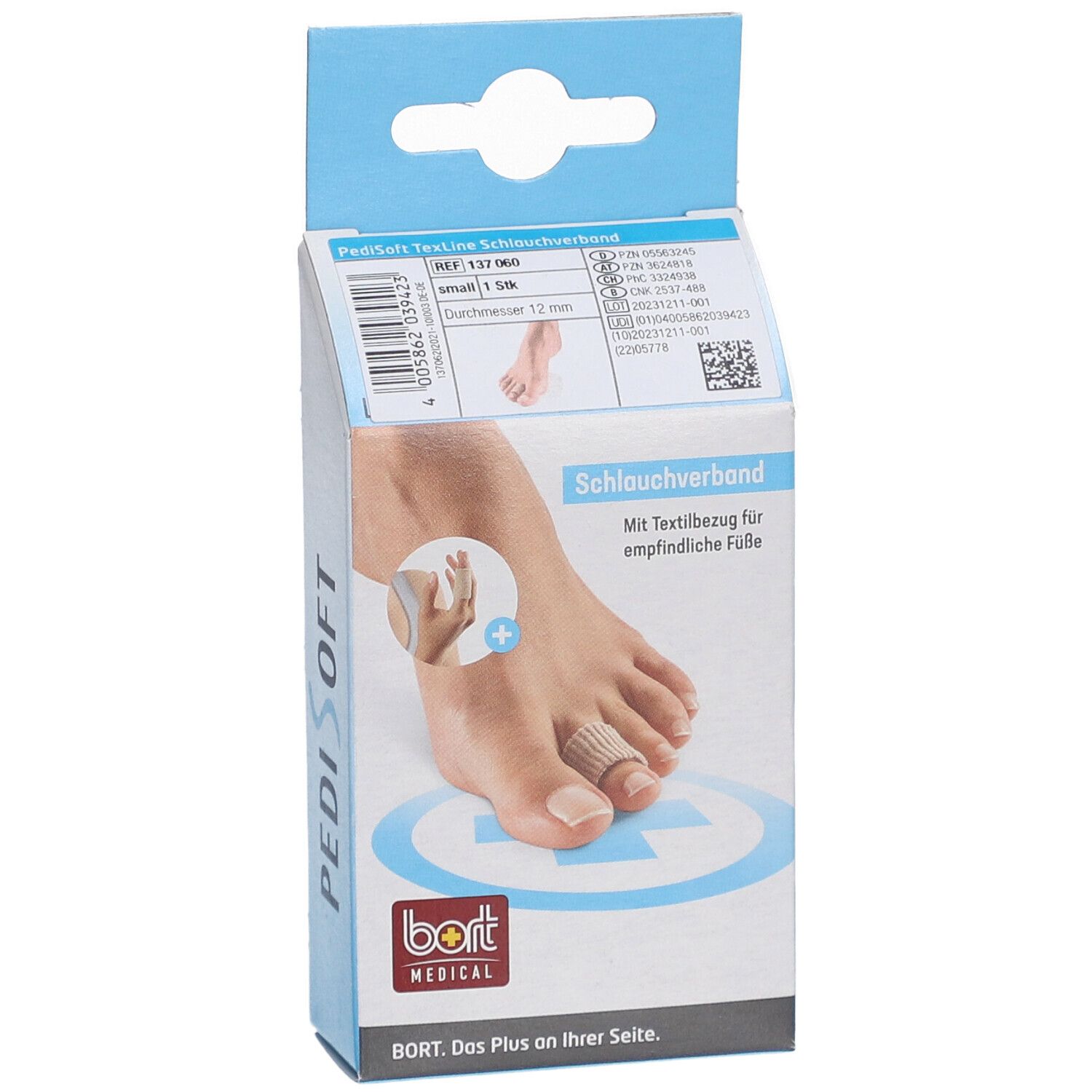 Emballage de BORT PediSoft TexLine. Montre un pied avec un bandage. Logo: bort MEDICAL.