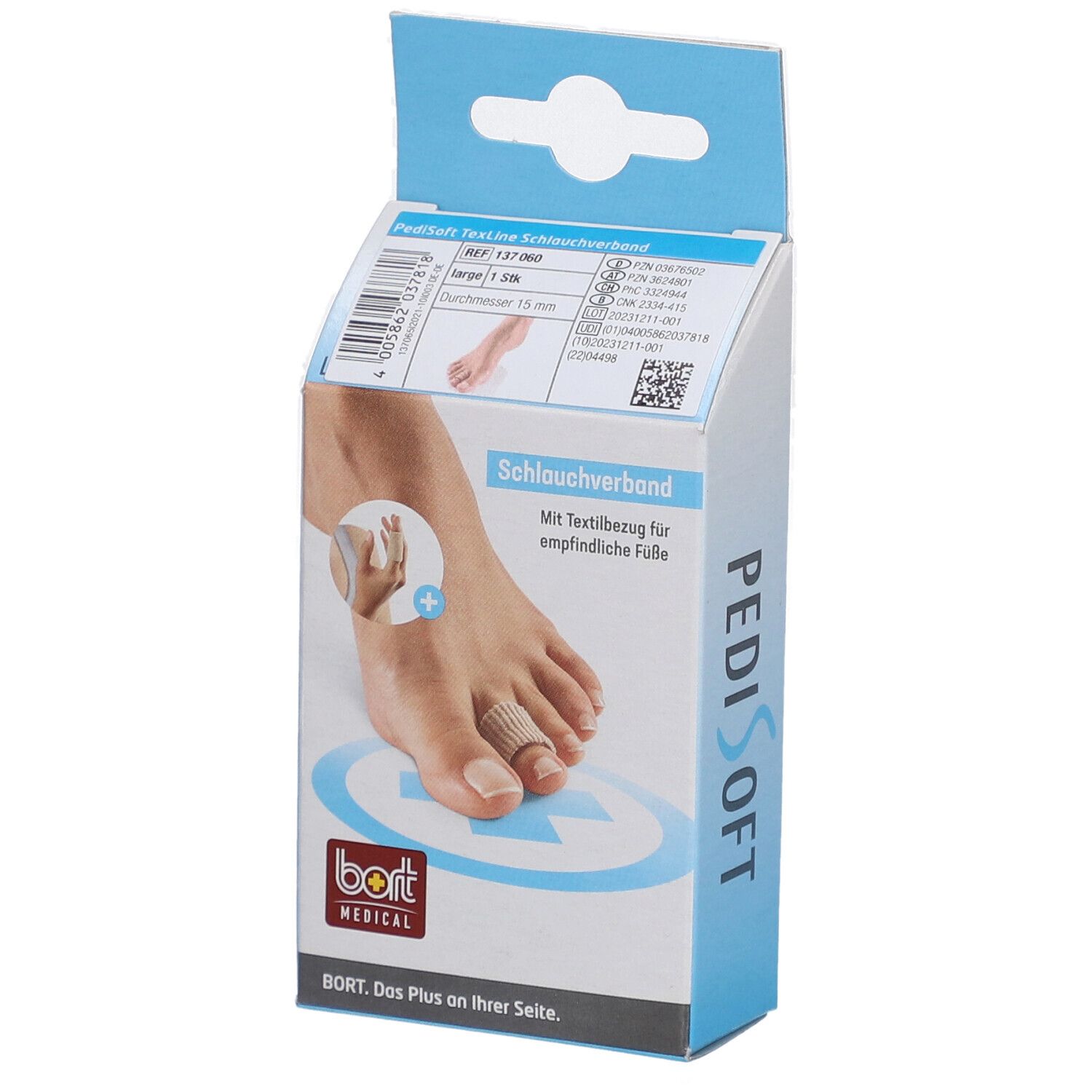Verpackung des BORT PediSoft TexLine Schlauchverbands. Aufdrucke: PediSoft, bort MEDICAL, Schlauchverband, Gr. L, Textilbezug.