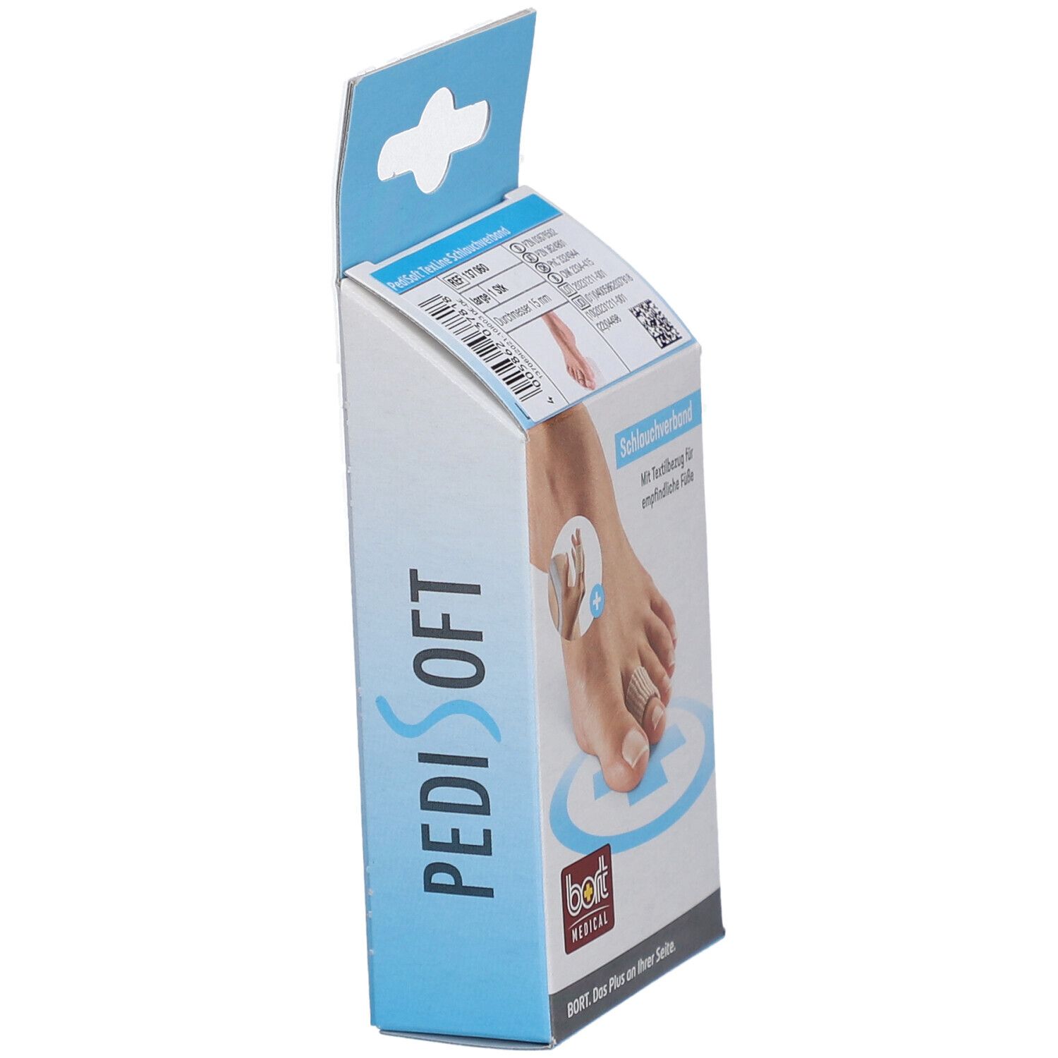 Seitenansicht der Verpackung des BORT PediSoft TexLine Schlauchverbands. Aufdruck: PediSoft, bort MEDICAL.