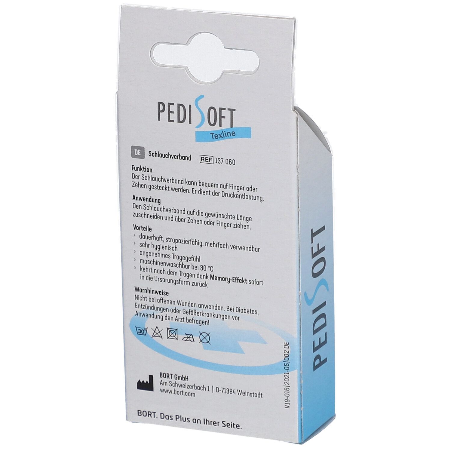 Rückseite der Verpackung des BORT PediSoft TexLine Schlauchverbands. Text in Deutsch, Informationen zur Anwendung und Pflege.
