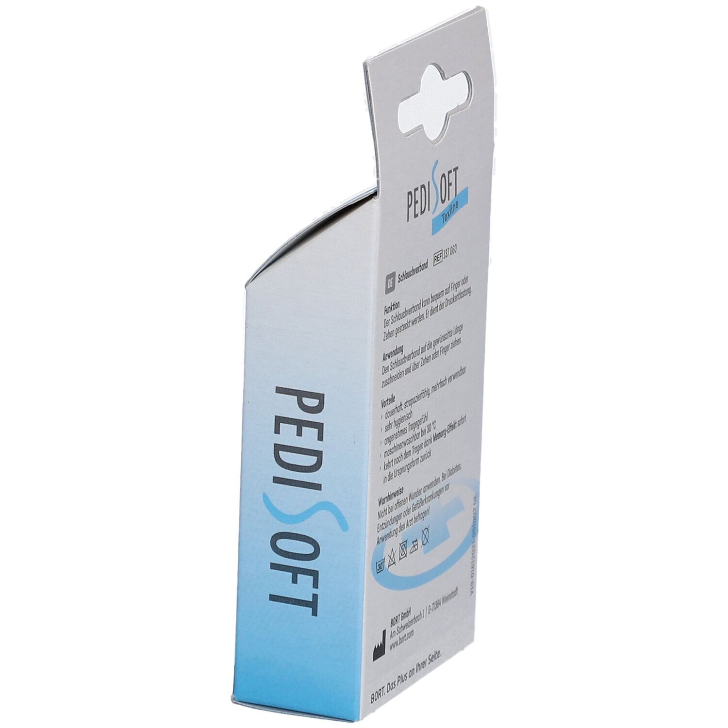 Seitenansicht der Verpackung des BORT PediSoft TexLine Schlauchverbands. Aufdruck: PediSoft.