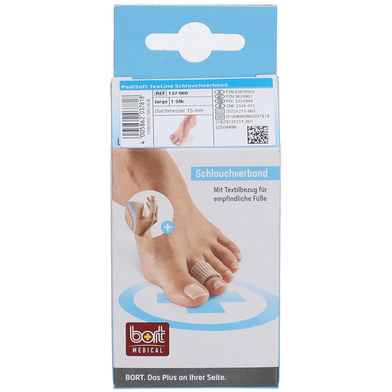 Verpackung des BORT PediSoft TexLine Schlauchverbands. Aufdrucke: PediSoft, bort MEDICAL, Schlauchverband, Gr. L, Textilbezug.