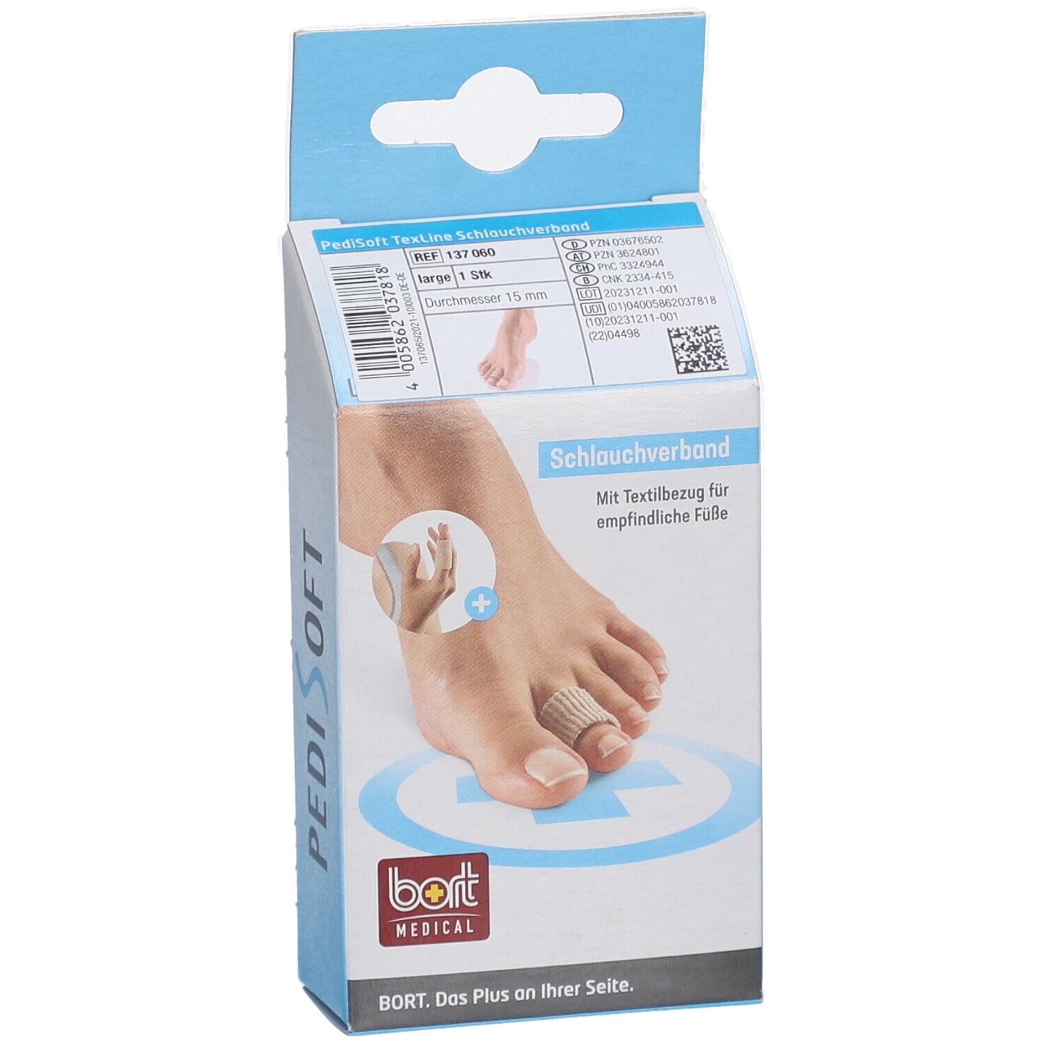 Verpackung des BORT PediSoft TexLine Schlauchverbands. Aufdrucke: PediSoft, bort MEDICAL, Schlauchverband, Gr. L, Textilbezug.