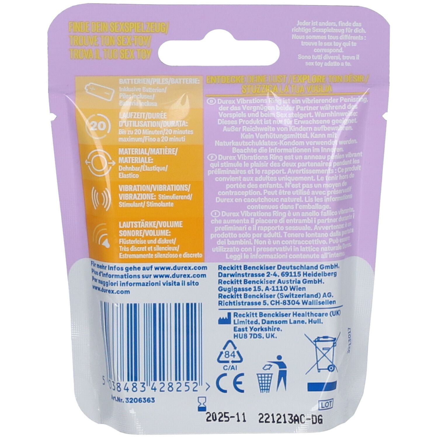 Rückseite der Verpackung mit Text und Symbolen. Textabschnitte in Deutsch und Französisch. CE-Kennzeichnung.