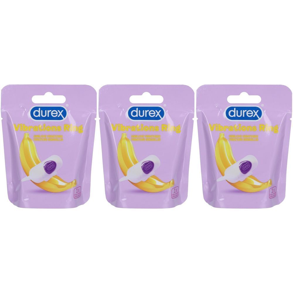 Drei Verpackungen mit Vibrationsringen. Aufdruck: Durex, Vibrations Ring. Abbildung: Banane mit Ring. 3 Stück.