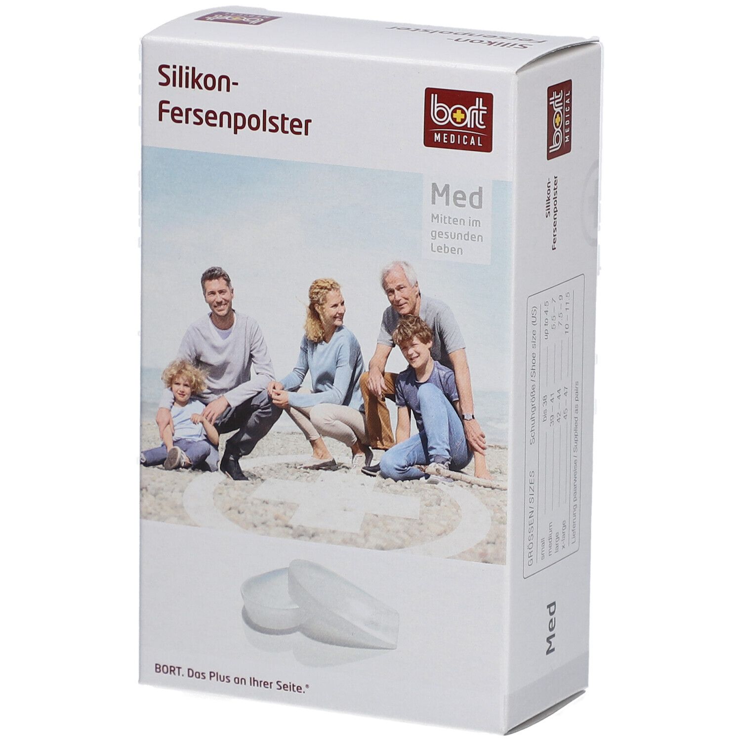 Verpackung mit Fersenpolstern. Aufdruck: Silikon-Fersenpolster, bort MEDICAL, Med. Abbildung einer Familie. Zwei Fersenpolster.