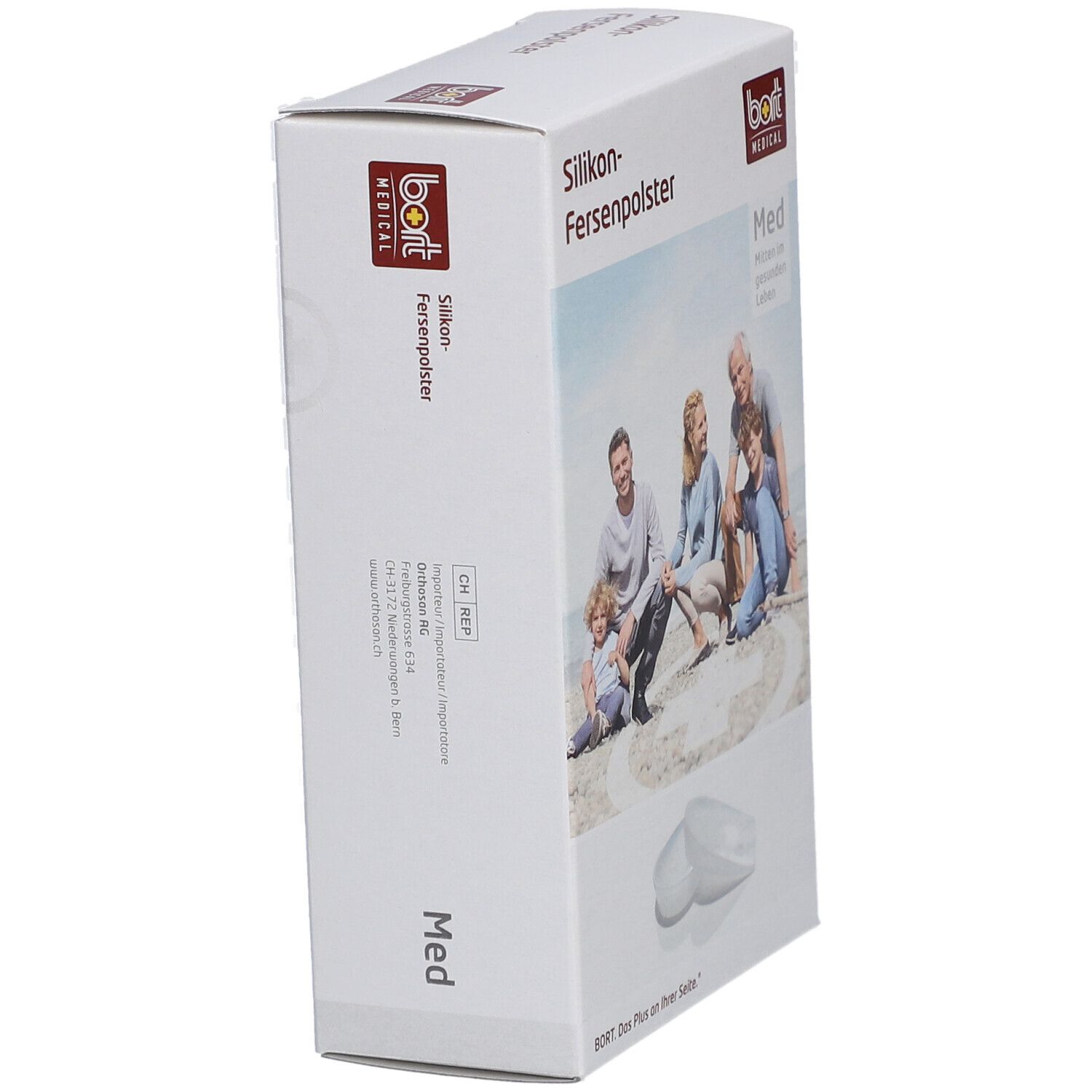 Schräg stehende Verpackung mit Fersenpolstern. Aufdruck: Silikon-Fersenpolster, bort MEDICAL, Med. Abbildung einer Familie. Größe Med.