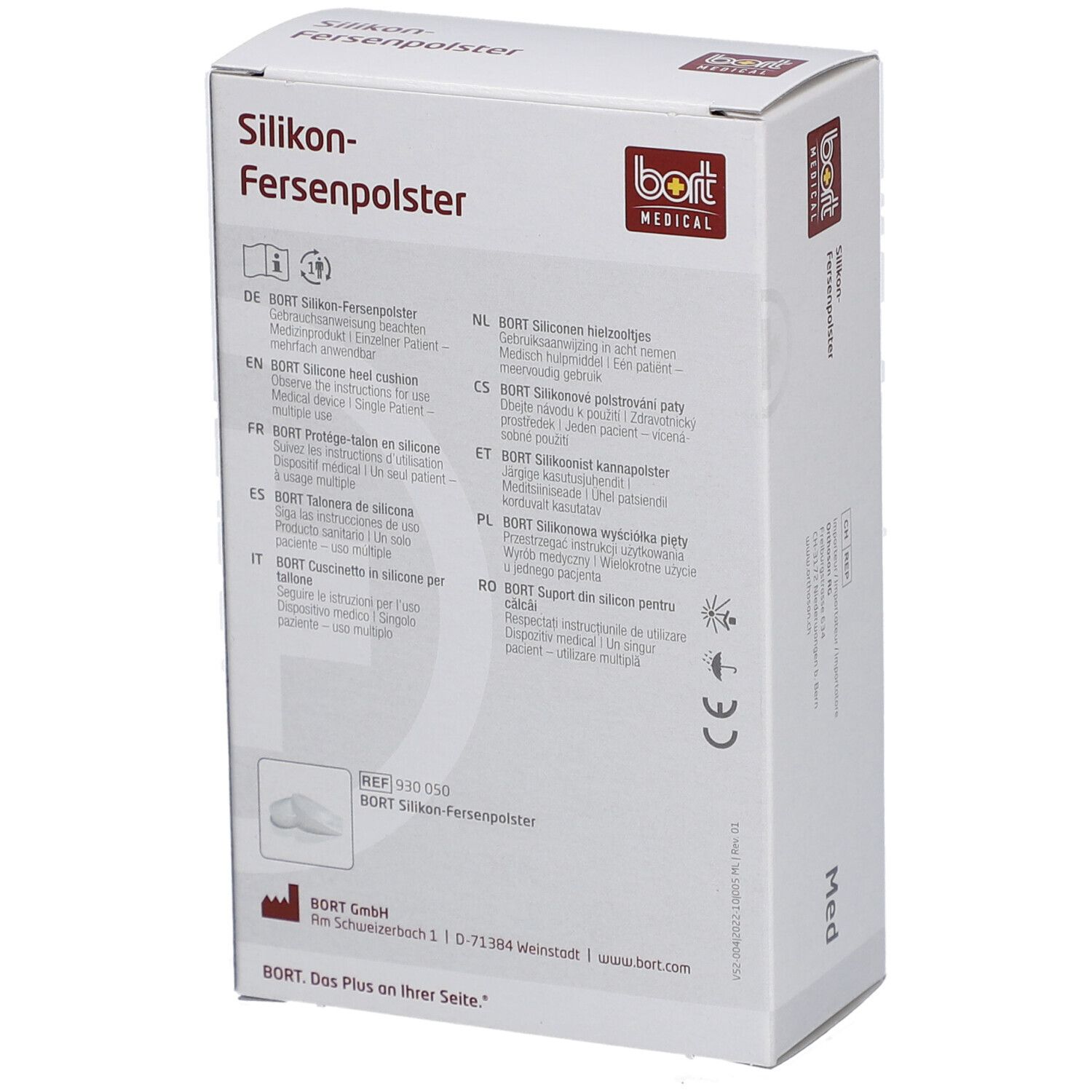 Rückseite der Verpackung mit Fersenpolstern. Mehrsprachige Produktinformationen. CE-Kennzeichnung. Abbildung von Fersenpolstern.