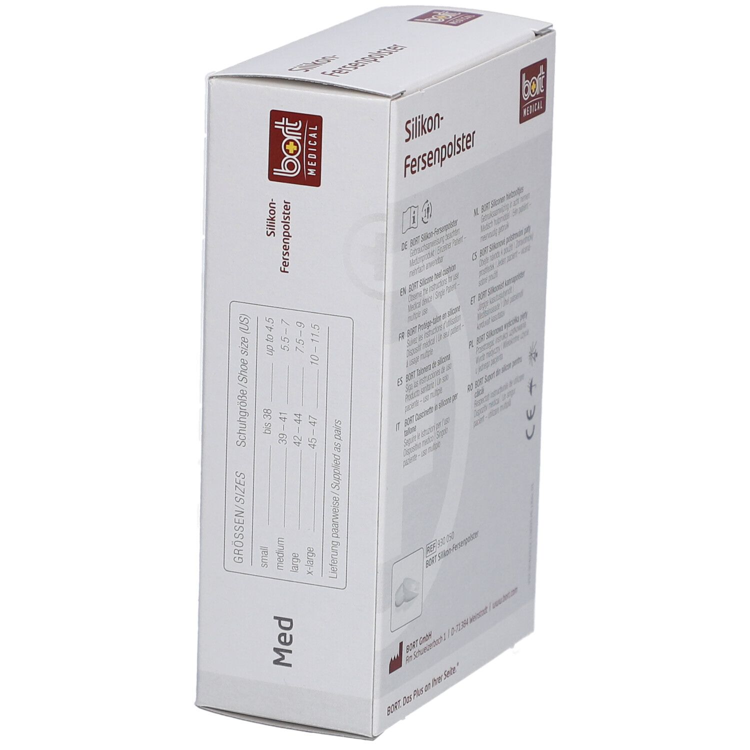 Schräg stehende Verpackung mit Fersenpolstern. Größenangaben. Aufdruck: Silikon-Fersenpolster, bort MEDICAL, Med. Abbildung von Fersenpolstern.