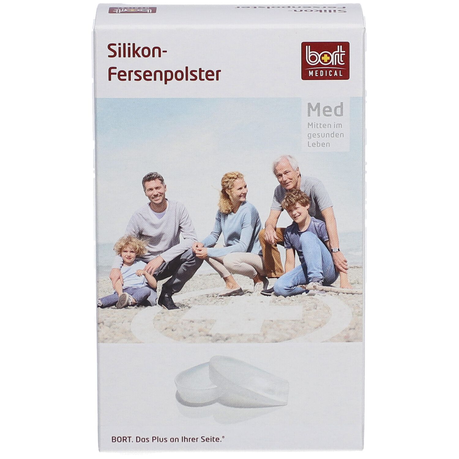 Verpackung mit Fersenpolstern. Aufdruck: Silikon-Fersenpolster, bort MEDICAL, Med. Abbildung einer Familie. Zwei Fersenpolster.