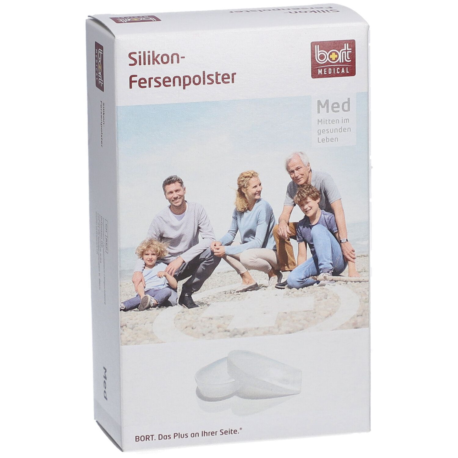 Verpackung mit Fersenpolstern. Aufdruck: Silikon-Fersenpolster, bort MEDICAL, Med. Abbildung einer Familie. Zwei Fersenpolster.