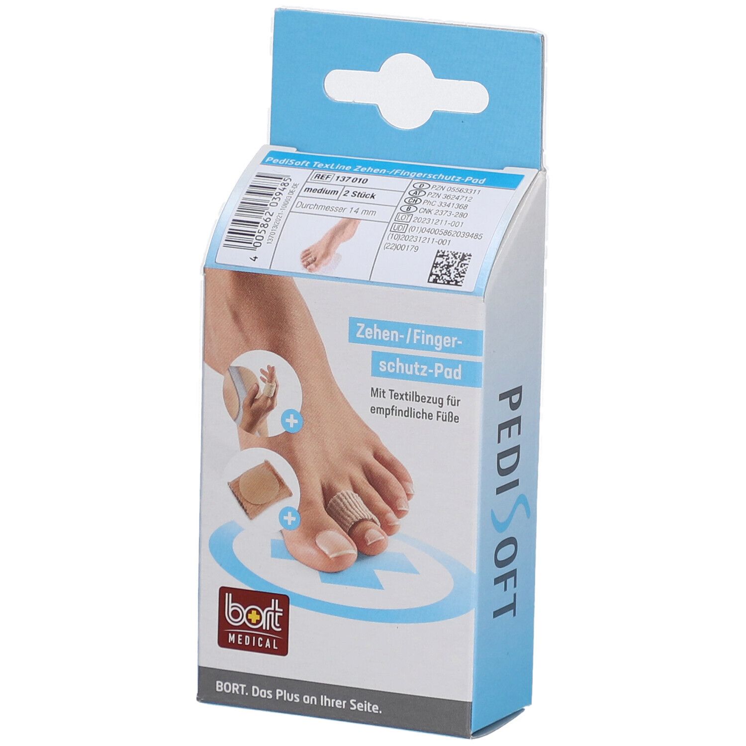 Verpackung des Bort PediSoft TexLine Zehen-/Fingerschutz-Pad. Produktabbildung mit Fuß und Pad. Marke Bort Medical.