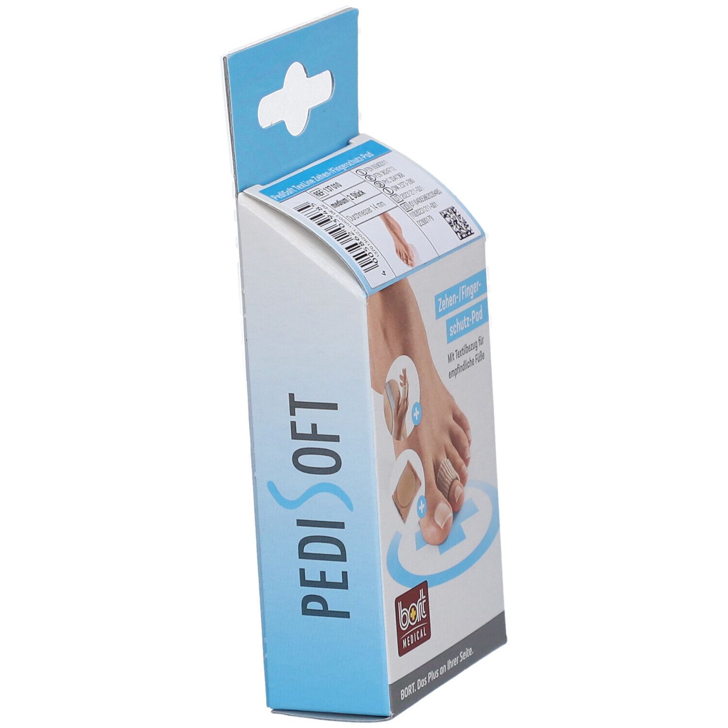 Seitenansicht der Verpackung des Bort PediSoft TexLine Zehen-/Fingerschutz-Pad. Produktname und Marke deutlich sichtbar.