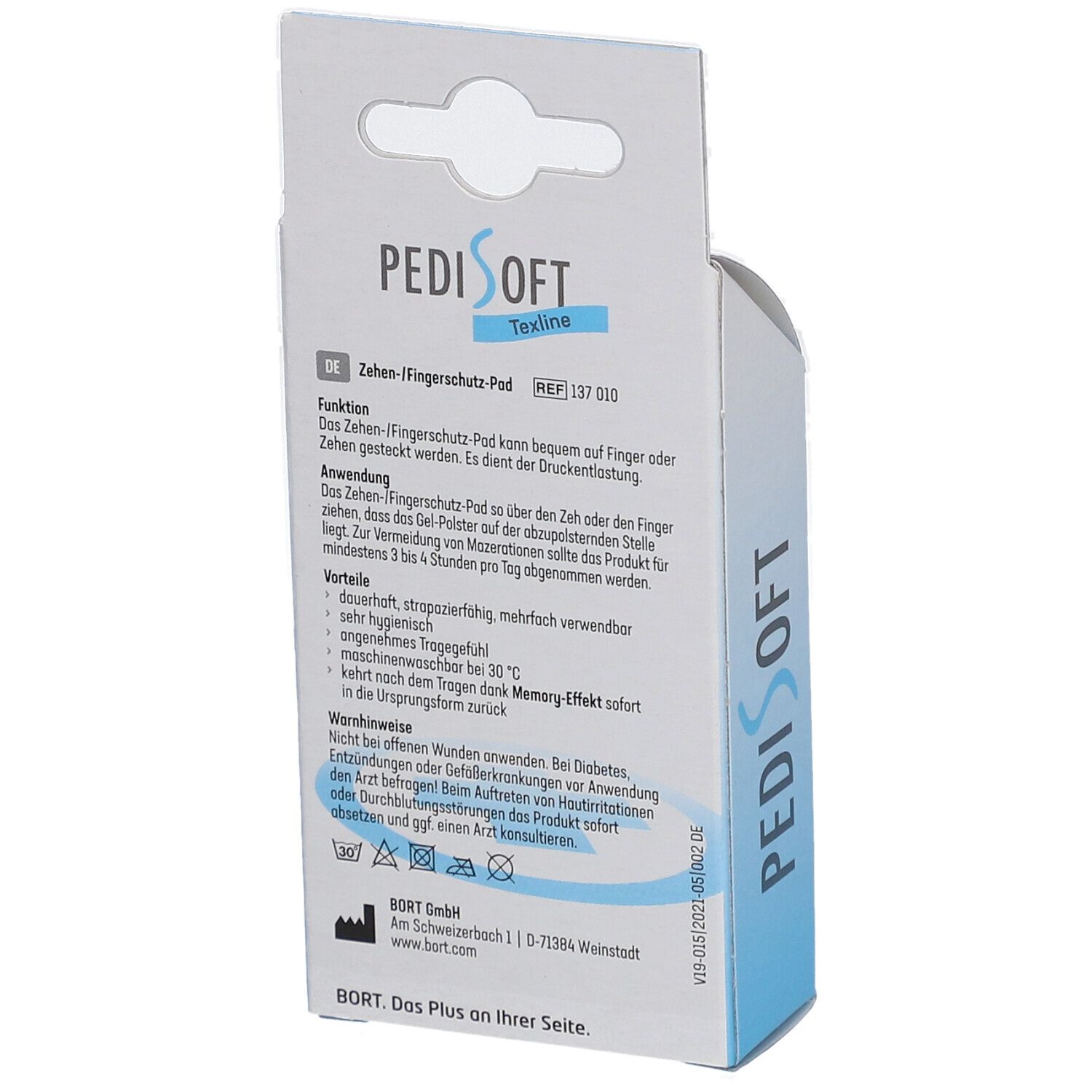 Rückseite der Verpackung des Bort PediSoft TexLine Zehen-/Fingerschutz-Pad. Textliche Produktinformationen.
