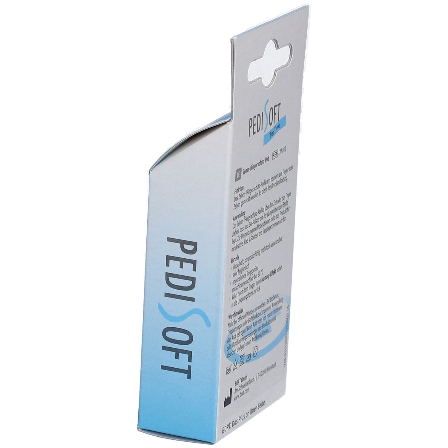 Seitenansicht der Verpackung des Bort PediSoft TexLine Zehen-/Fingerschutz-Pad. Produktname PediSoft.