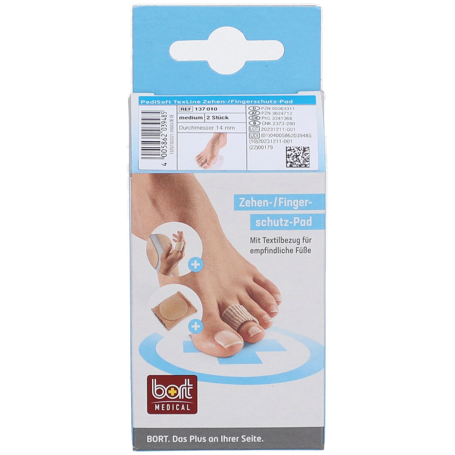 Vorderseite der Verpackung des Bort PediSoft TexLine Zehen-/Fingerschutz-Pad. Produktabbildung und Informationen.